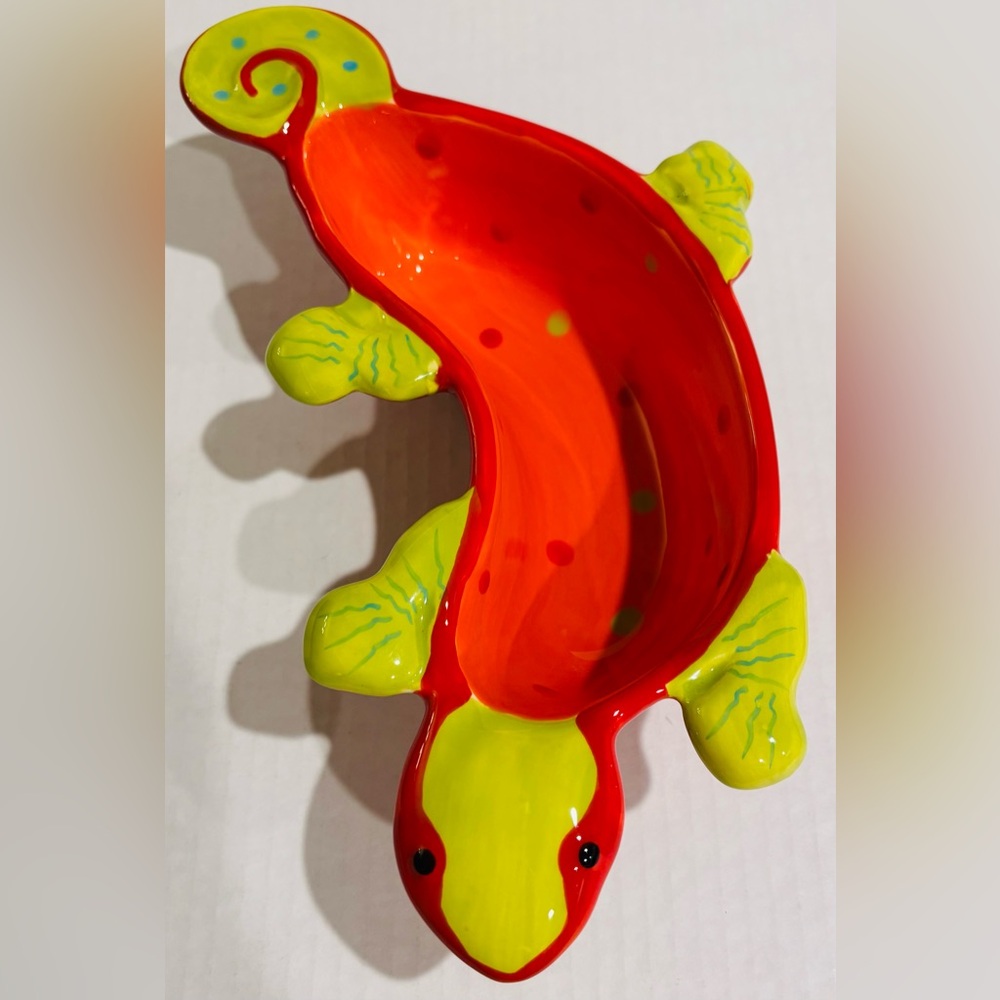 Festive Ceramic Salamander Gecko Lizard Red and Lime Green Salsa Serving Bowl